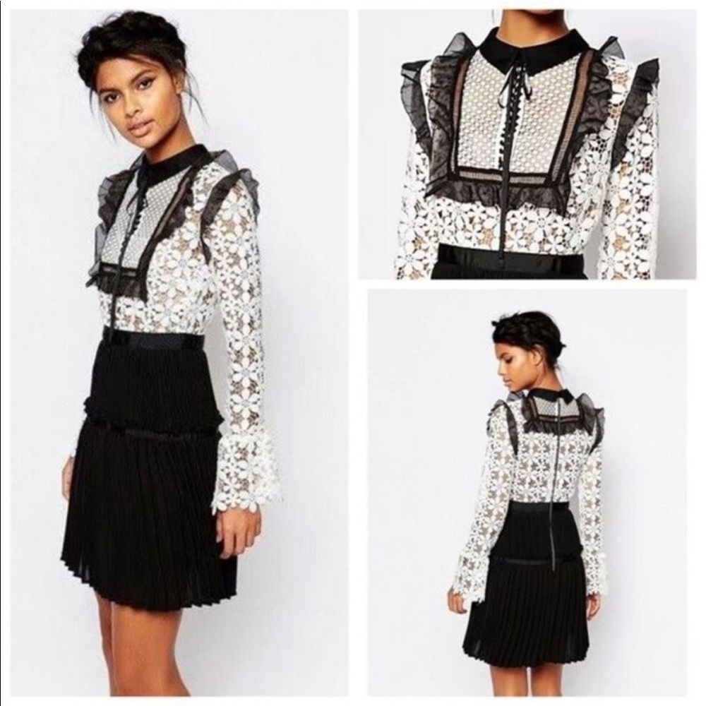 Self Portrait Adeline Lace Up Pleated Dress Women’s Size 2